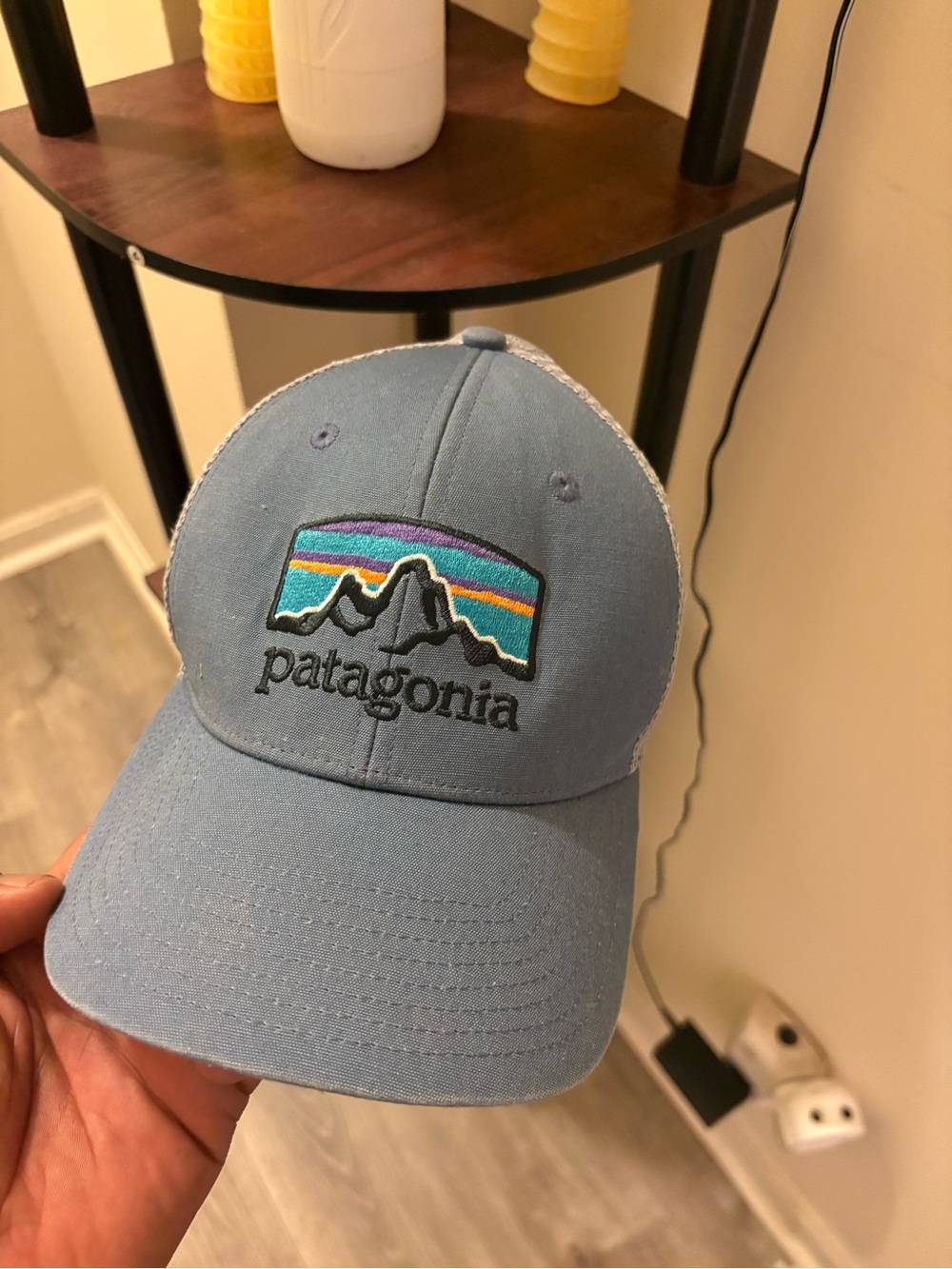 Patagonia Blue Trucker Hat with Multicolor Mountain Patch